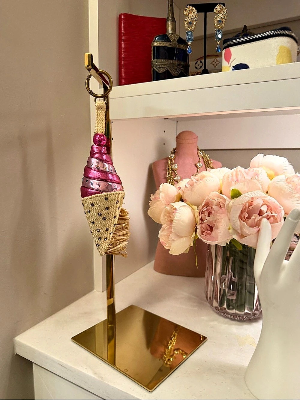 Kurt Geiger Ice Cream Cone Keychain bag charm in Pink & Gold w gemstones NWOT